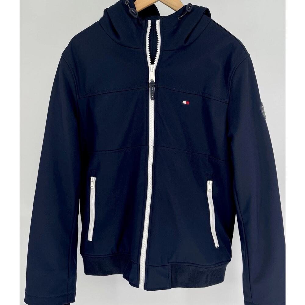 Tommy Hilfiger Navy Blue Softshelll Hooded Bomber Jacket Nautical Sailor Classic